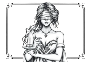 Fortuna's card as a beautiful woman with eyes covered with material, holds a scale in her hands. This character have to be in a card/frame. Do this woman without named tattoo idea