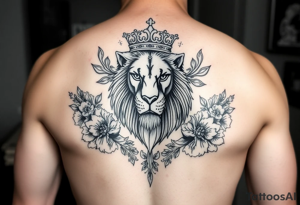 powerful majestic lion with a crown, surrounded by floral ornaments tattoo idea