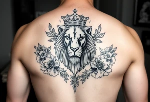 powerful majestic lion with a crown, surrounded by floral ornaments tattoo idea