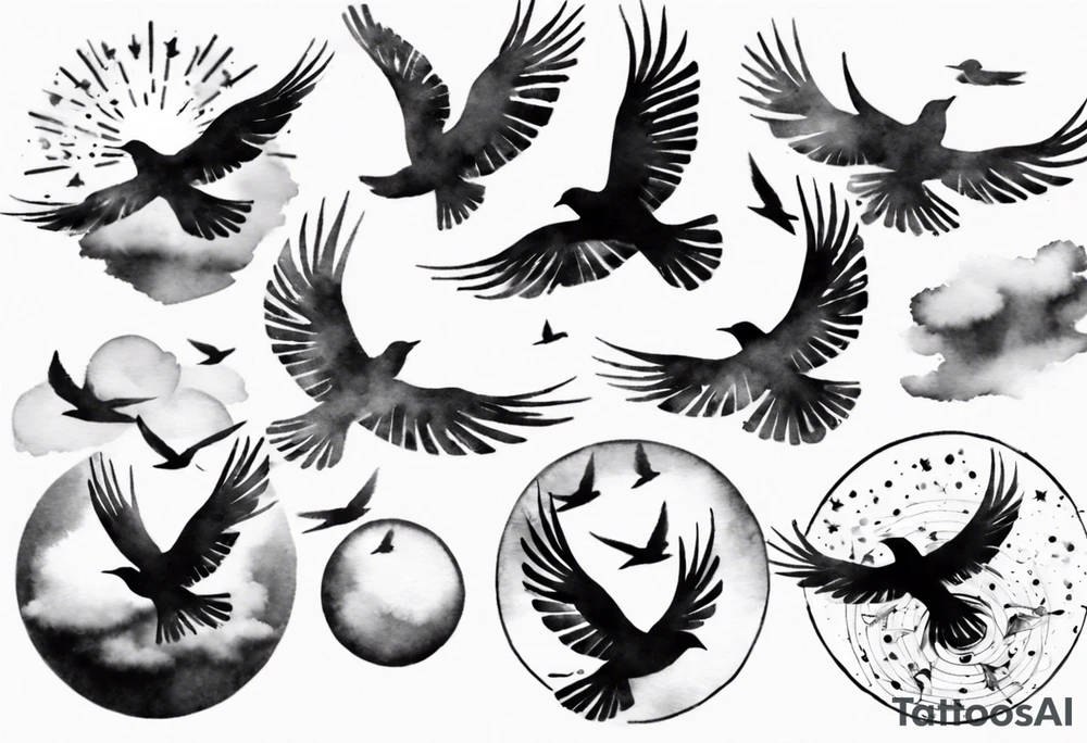 shoulder tattoo with light rays with birds flying free among the clouds, round shape, 3d effect tattoo idea