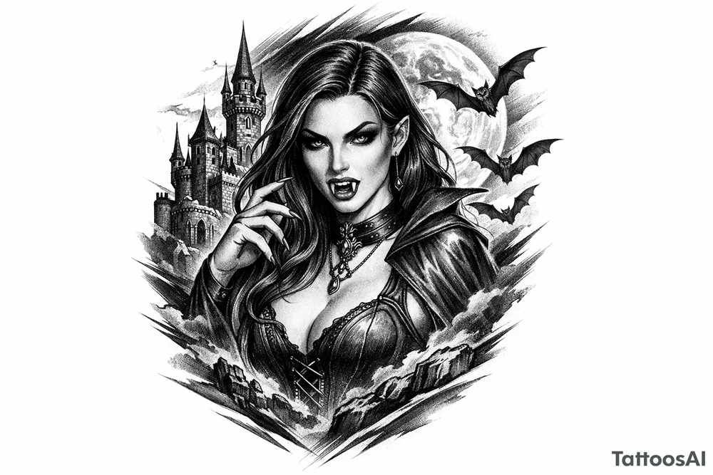female vampire,bats,full moon,a castle. tattoo idea