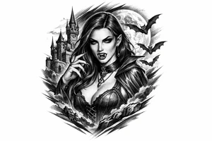 female vampire,bats,full moon,a castle. tattoo idea