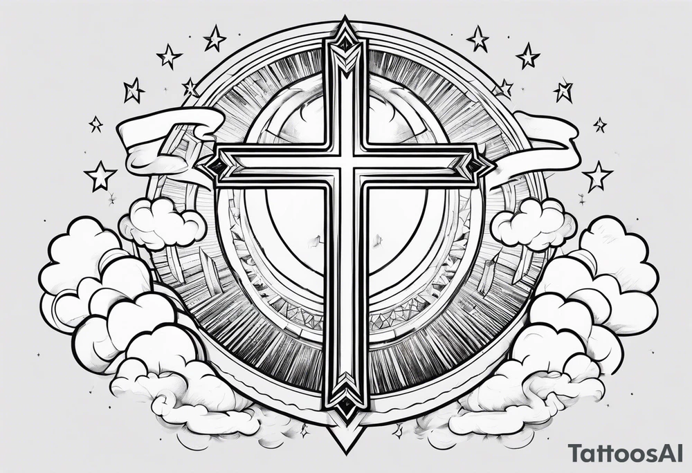 stars, clouds, cross, success, winning tattoo idea