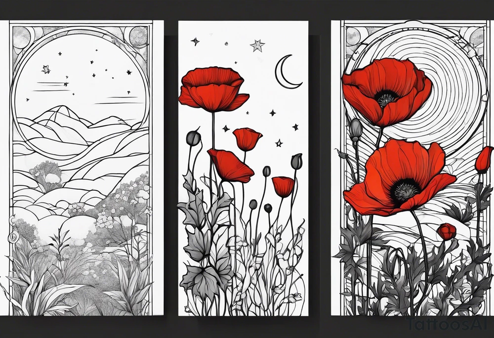 outline, fine line, stars, moon, poppy, vertical, spine tattoo idea