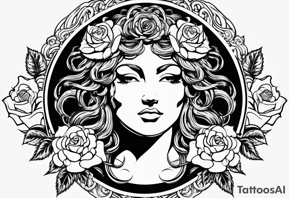 Circular shield with medusa's face surrounded by roses tattoo idea Circular shield with medusa's face surrounded by roses tattoo idea