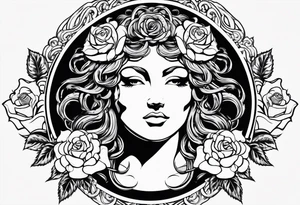 Circular shield with medusa's face surrounded by roses tattoo idea
