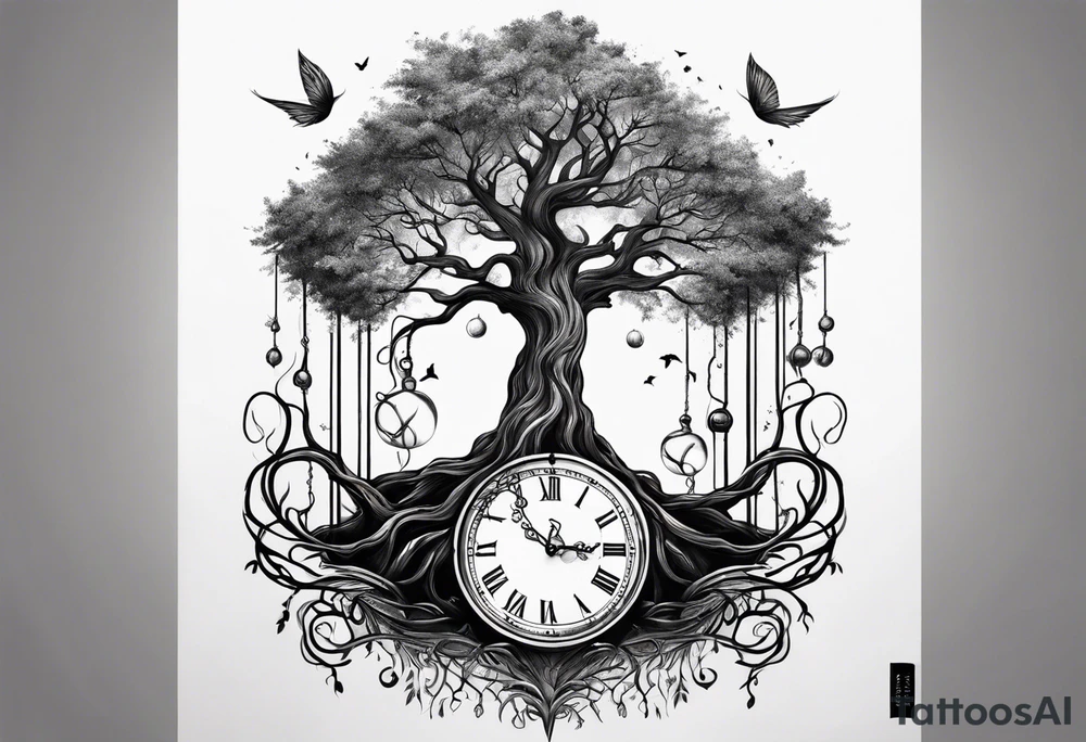 tattoo drawing of a tree with the roots coming out of a hour glass tattoo idea