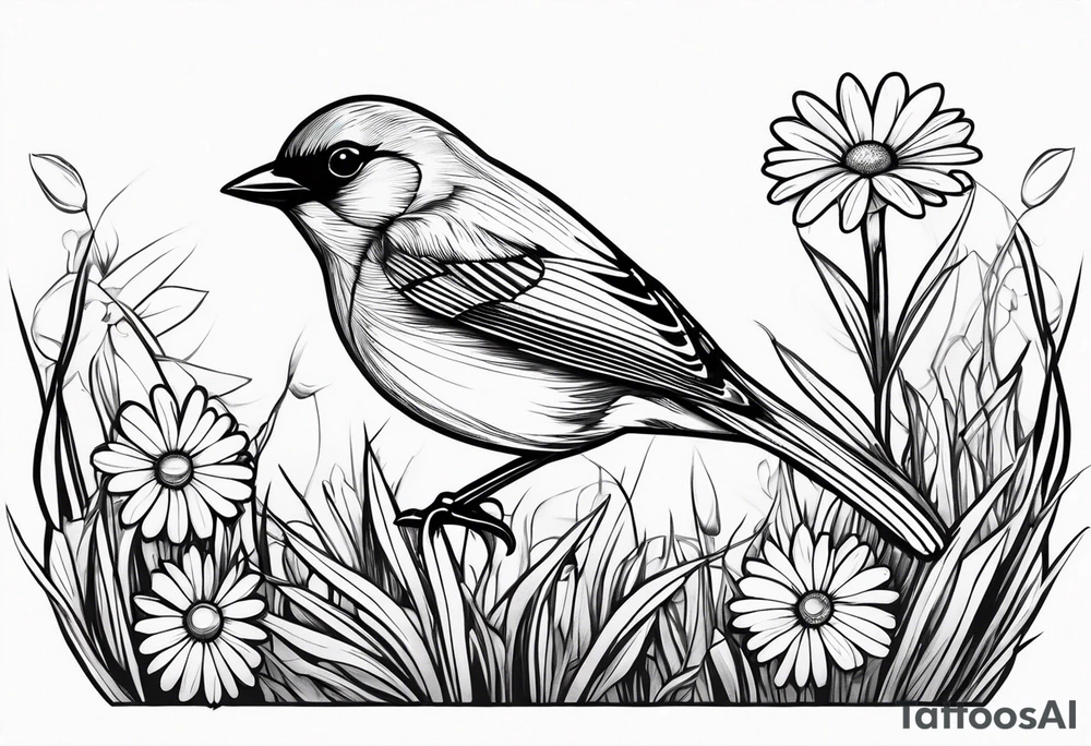 Little bird perched on grass with a daisy tattoo idea