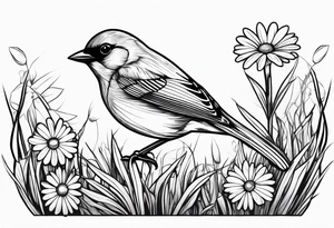 Little bird perched on grass with a daisy tattoo idea