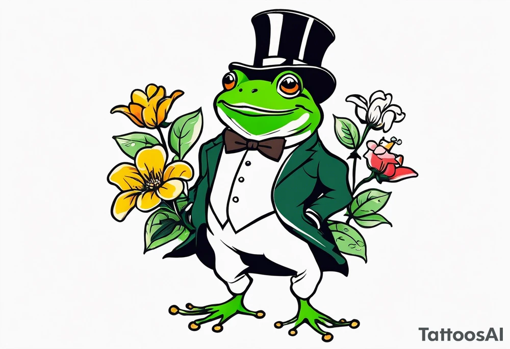 Cute Frog smiling wearing top hat and a suit standing on its Back legs while holding flowers tattoo idea Cute Frog smiling wearing top hat and a suit standing on its Back legs while holding flowers tattoo idea