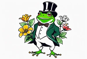 Cute Frog smiling wearing top hat and a suit standing on its Back legs while holding flowers tattoo idea