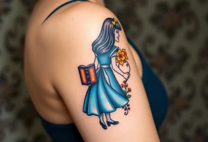 Alice (from Alice in wonderland) silhouette wearing a blue dress. Perspective from the back. She is caring a book, entering a garden with flowers and an orange tree tattoo idea