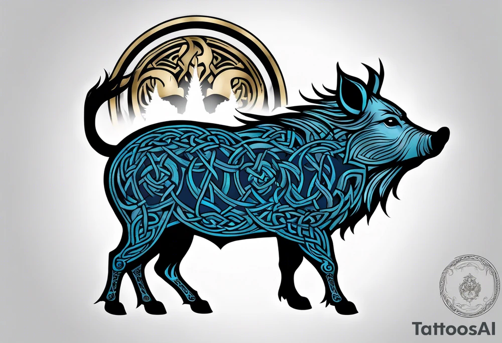 Side profile, Celtic, tribal, wild boar, On a Chatwin family crest with blue background, two gold stars, and a gold Chevron, and a Thistle tattoo idea