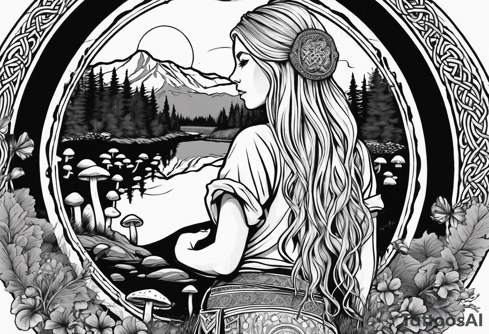Whole picture encircled fully

Straight long blonde hair hippie girl in distance holding mushrooms in hand facing away toward mountains and creek surrounded by mushrooms long sleeve shirt and hiking pants; whole rendering within a full celtic circle border, no cut off circle tattoo idea