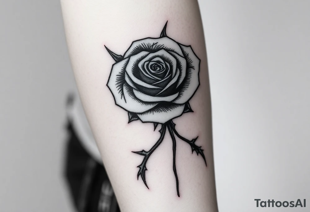 rose tattoo with thorns saying rise above all tattoo idea