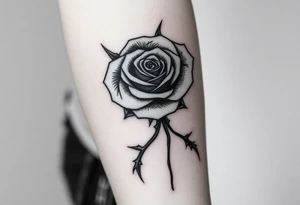 rose tattoo with thorns saying rise above all tattoo idea