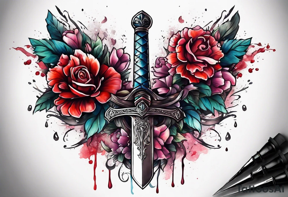 Bloody sword and flowers tattoo idea