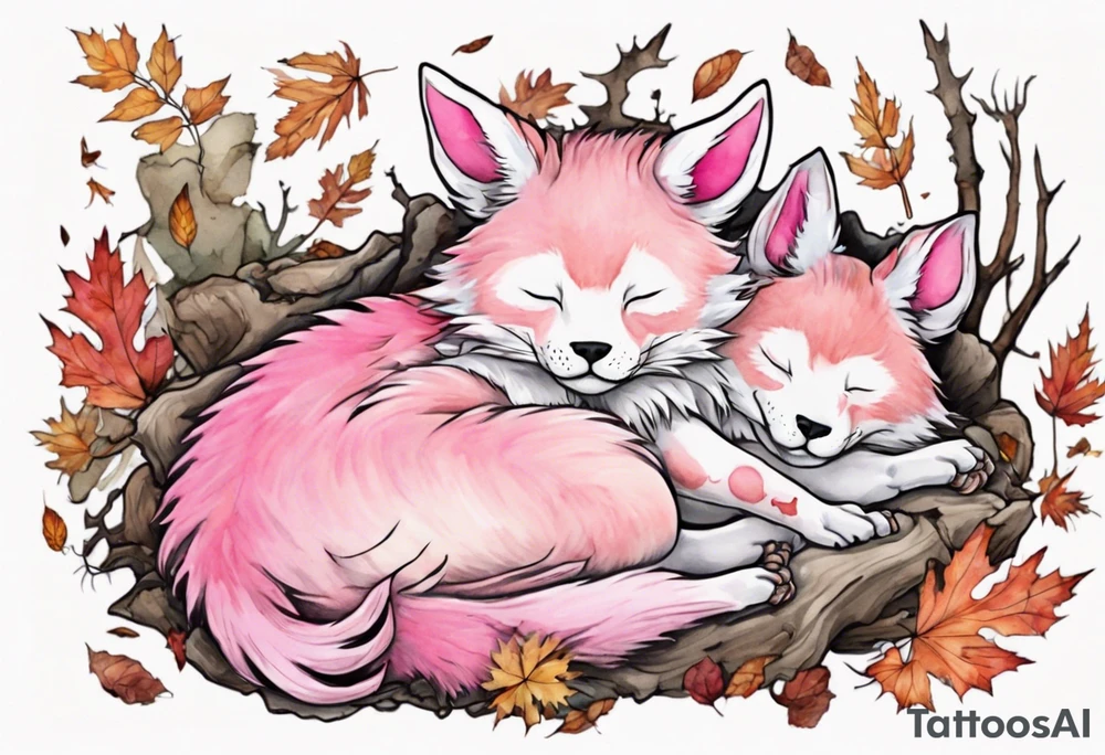 a stote with pink fur and pink ears sleeping in the autumn forest with a pile of bones tattoo idea