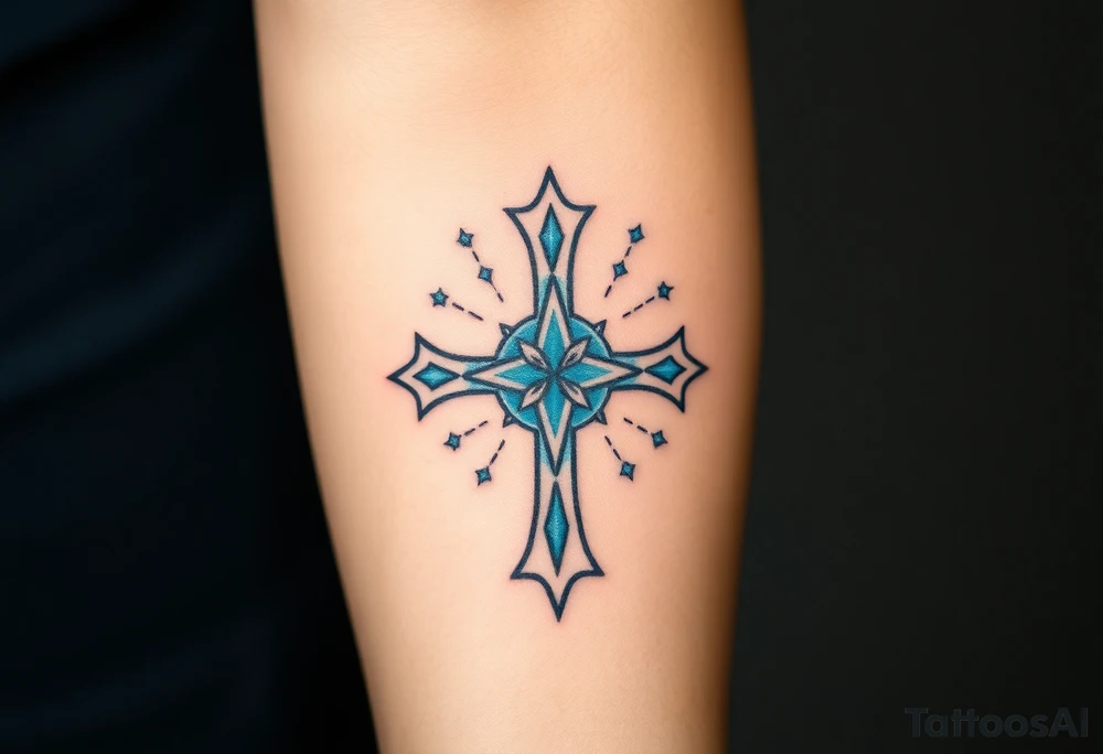 A celestial blue Templar cross with silver constellations in the background, representing divine protection tattoo idea