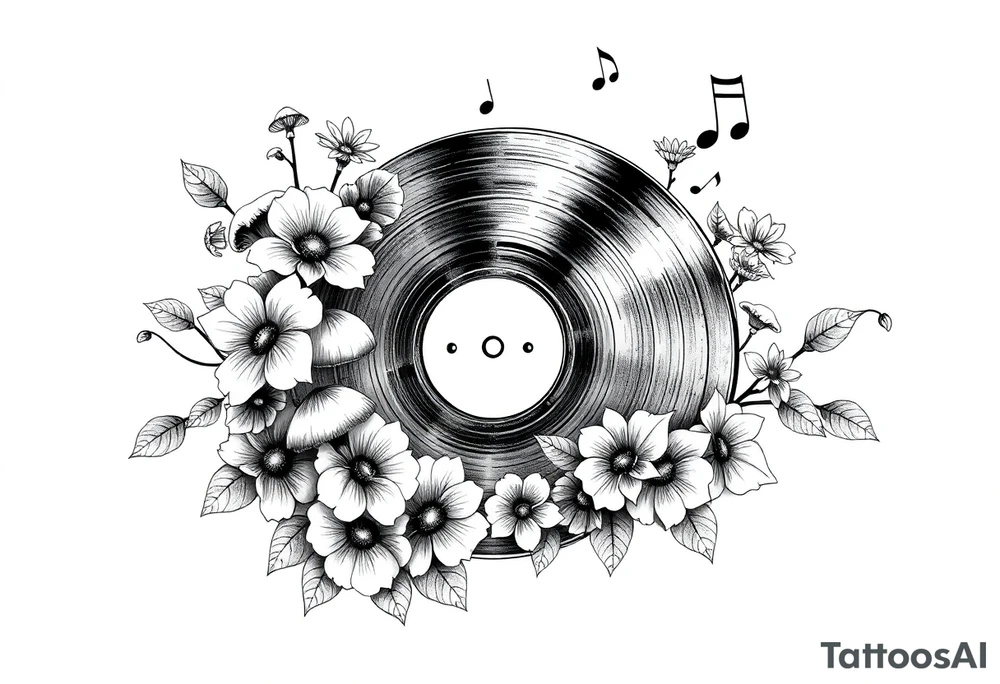 vinyl record surrounded by flowers, mushrooms, and music notes tattoo idea