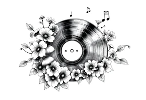 vinyl record surrounded by flowers, mushrooms, and music notes tattoo idea
