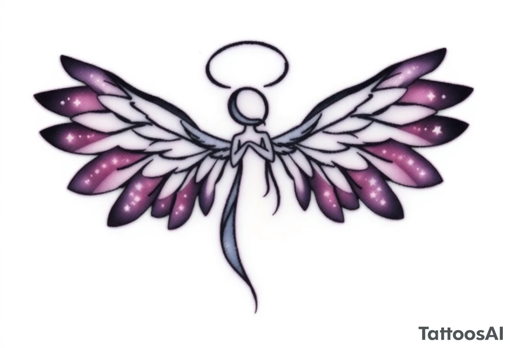 A dark angel figure with starry wings, the edges of the wings have galaxies within them, deep black and purple hues glowing with specks of white. tattoo idea