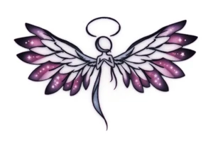 A dark angel figure with starry wings, the edges of the wings have galaxies within them, deep black and purple hues glowing with specks of white. tattoo idea