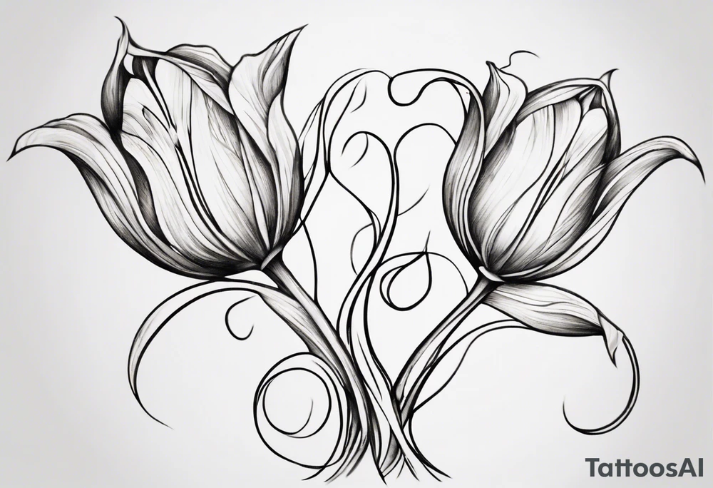 Generate a compelling tattoo design featuring three tulips with intertwining stems. Emphasize the graceful entwining of the stems, creating a harmonious and visually captivating composition. Each tulip should showcase distinct characteristics, from the delicate curves of the petals to the intricate details of the stamen. Consider incorporating elements that symbolize unity, growth, and interconnectedness. Capture the essence of nature's beauty while ensuring the overall design is balanced and aesthetically pleasing. tattoo idea