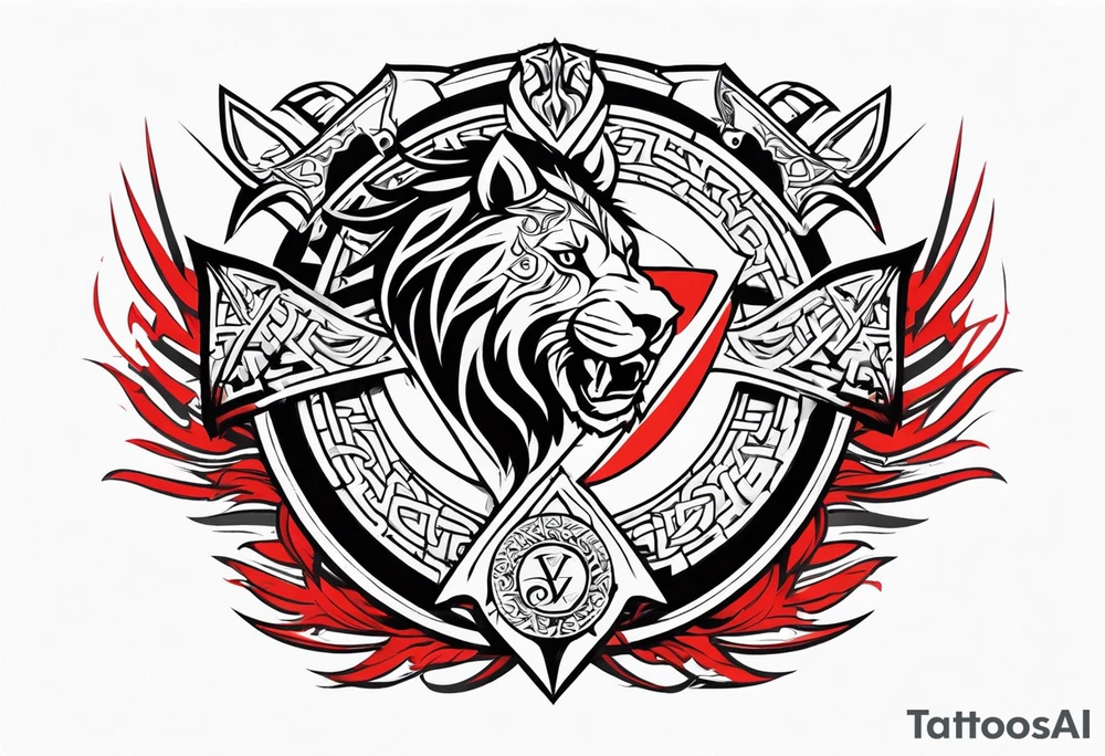 Valhalla sword shield dragon axe Valknut tribal lion tattoo idea