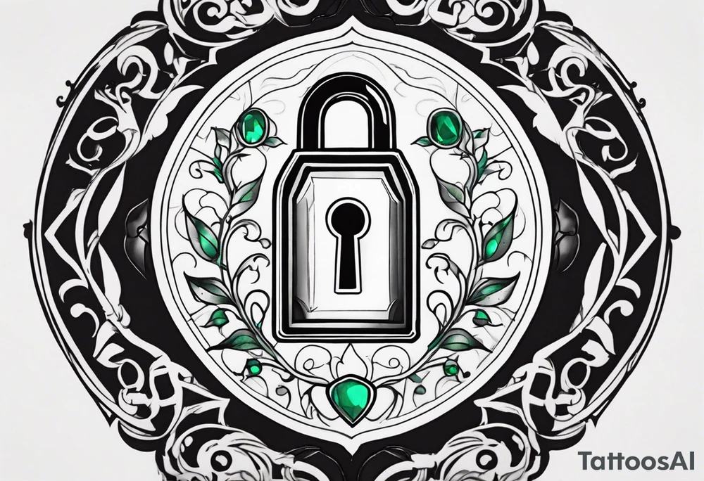 Lock and key with emerald stone tattoo idea