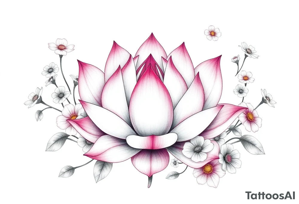 Lotus flower surrounded by forget me nots and peonies tattoo idea