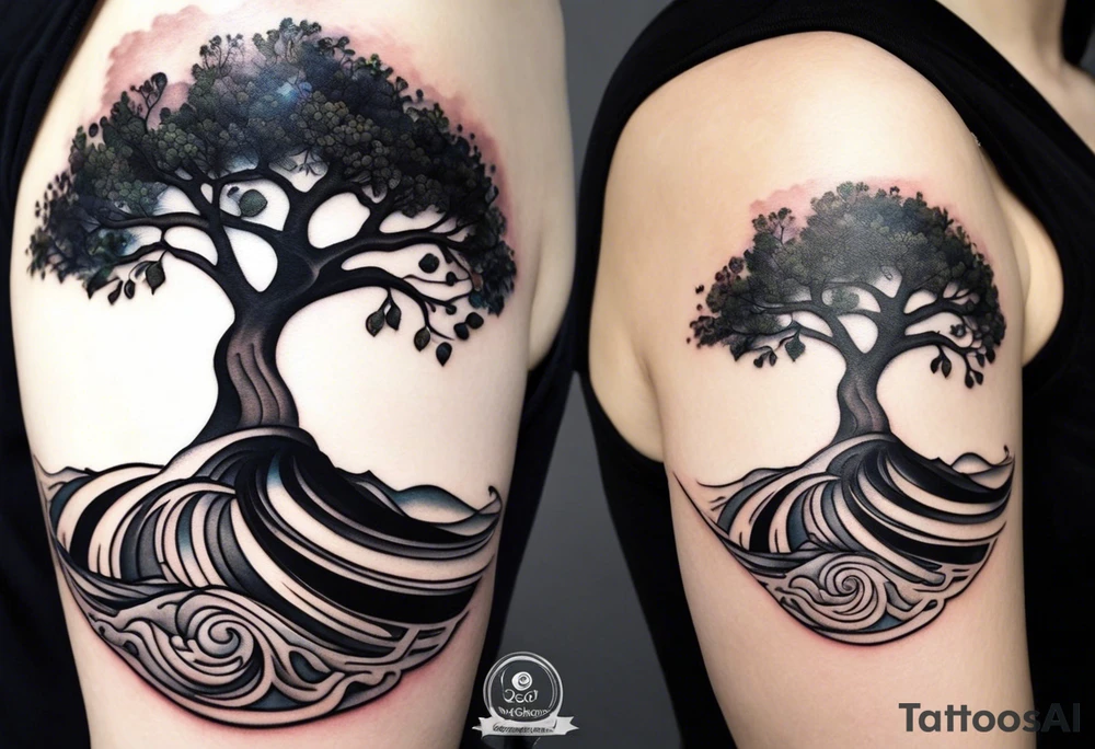 A tattoo of an abstract Tree of Life tattoo to be placed directly on the bicep of a woman. It can wrap around the arm a little. It should have roots growing out of the bottom. The roots slowly turn into water from the Great Wave by Hokusai. A golf flag should be placed discreetly growing out of the ground. 2 license plate tags should be hanging from the tree. Place a few music notes in the areas the leaves should be. The letters A U should be engraving into the tree trunk in a heart. tattoo idea