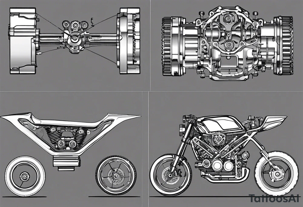 1.	Engine Block: Make this the central feature, showcasing detailed parts like the cylinders, valves, and intricate mechanical components.
	2.	Gears and Pistons: Surround the engine with interlocking gears and pistons, adding depth and complexity. These can wrap around the wrist and flow onto the hand.
	3.	Wrenches and Tools: Incorporate tools like wrenches, screwdrivers, and even a car jack for a touch of the mechanic’s craft.
	4.	Exhaust Pipes: Use curving exhaust pipes to create movement and flow, guiding the eye along the design.
	5.	Speedometer and Gauges: Include a speedometer or tachometer to emphasize performance. These can be placed on the wrist or back of the hand.
	6.	Spark Plugs and Nuts: Scatter smaller elements like spark plugs, nuts, and bolts to fill in gaps and add intricate details. tattoo idea