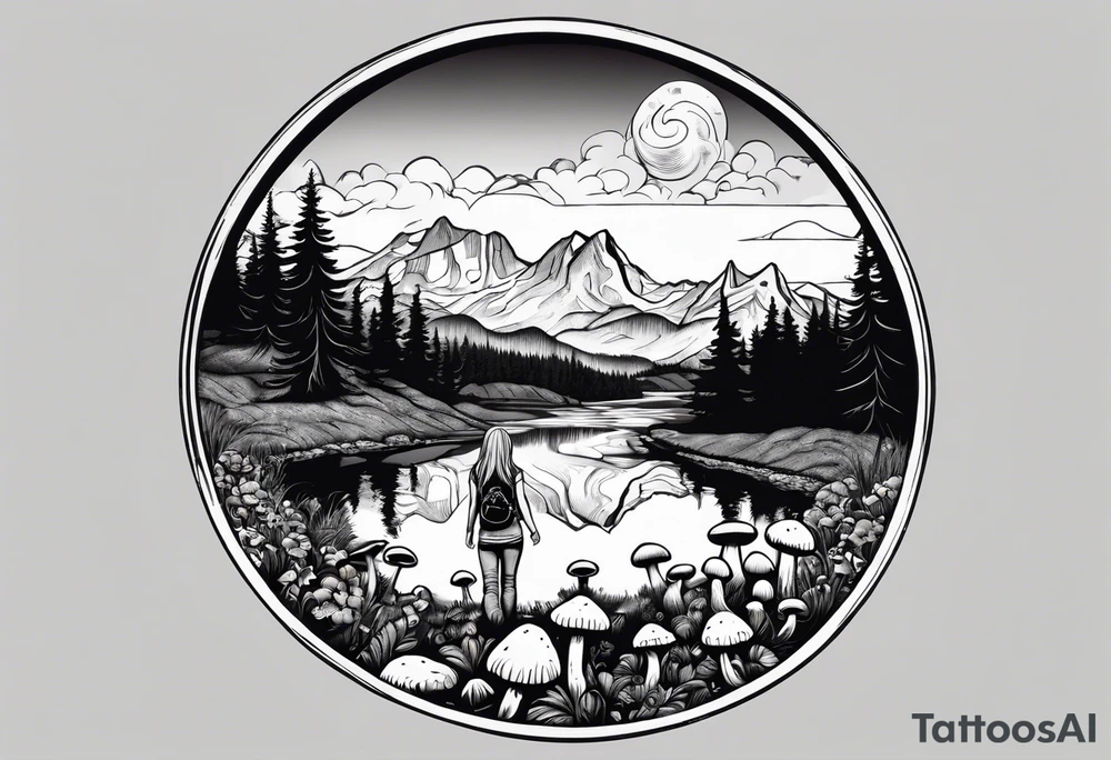Whole picture encircled fully

Straight long blonde hair hippie girl in distance holding mushrooms in hand facing away toward mountains and creek surrounded by mushrooms tee shirt and hiking pants; whole rendering within a full circle, no cut off circle tattoo idea