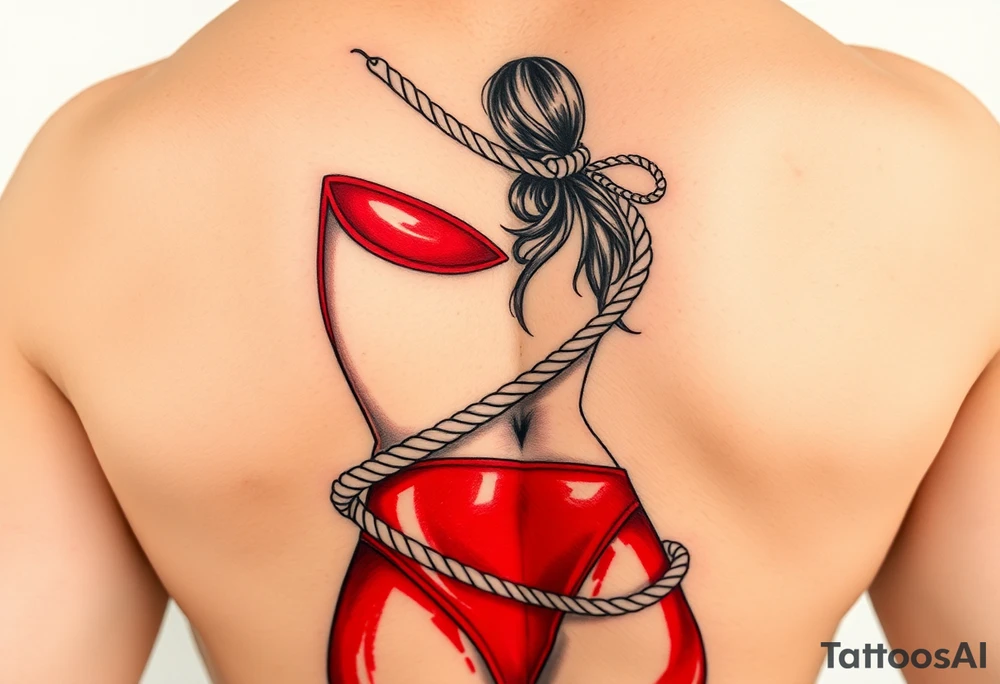 female nude sex slave, wearing red latex catsuit and wrapped in rope hip sized tattoo idea