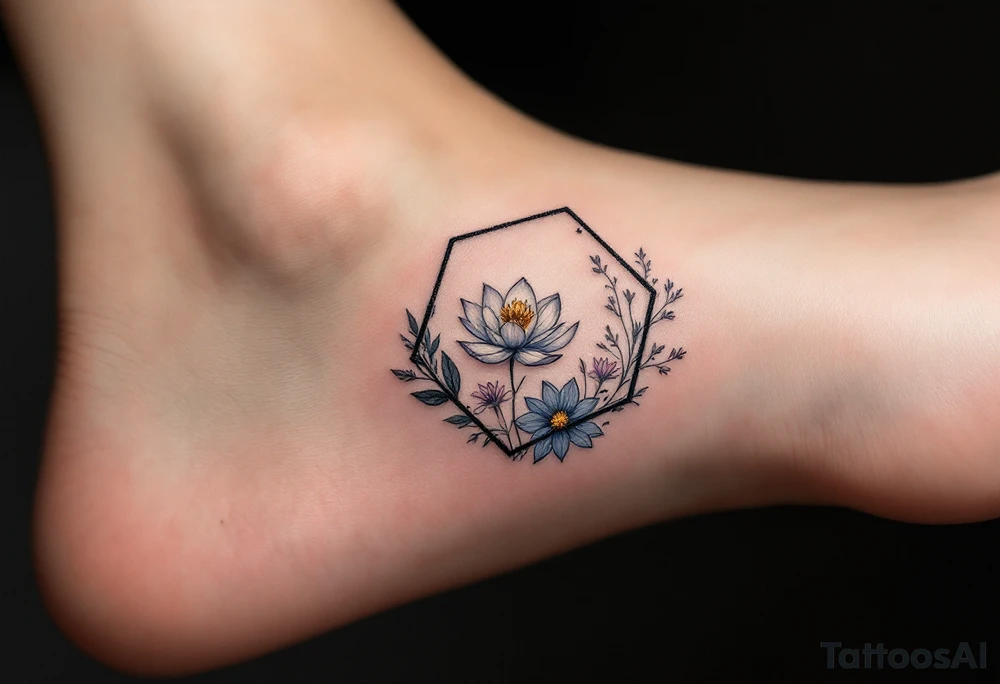 Faint Hexagon with Leo, larkspur and water lilies in the center tattoo idea