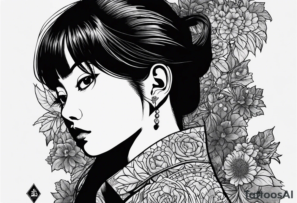 portrait of tomie a character by the horror author junji ito full body standing menacingly.  a mole below her left eye tattoo idea