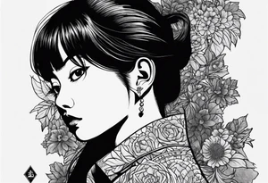 portrait of tomie a character by the horror author junji ito full body standing menacingly.  a mole below her left eye tattoo idea