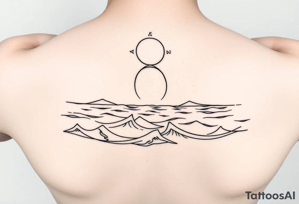 Wrap-around forearm tattoo, black and white line art. Calm sea waves and horizon, sun or moon above with subtle Norse runes (Algiz, Raido). Balanced, elegant, marine and mythological. Clean outlines, high contrast, stencil-ready. tattoo idea