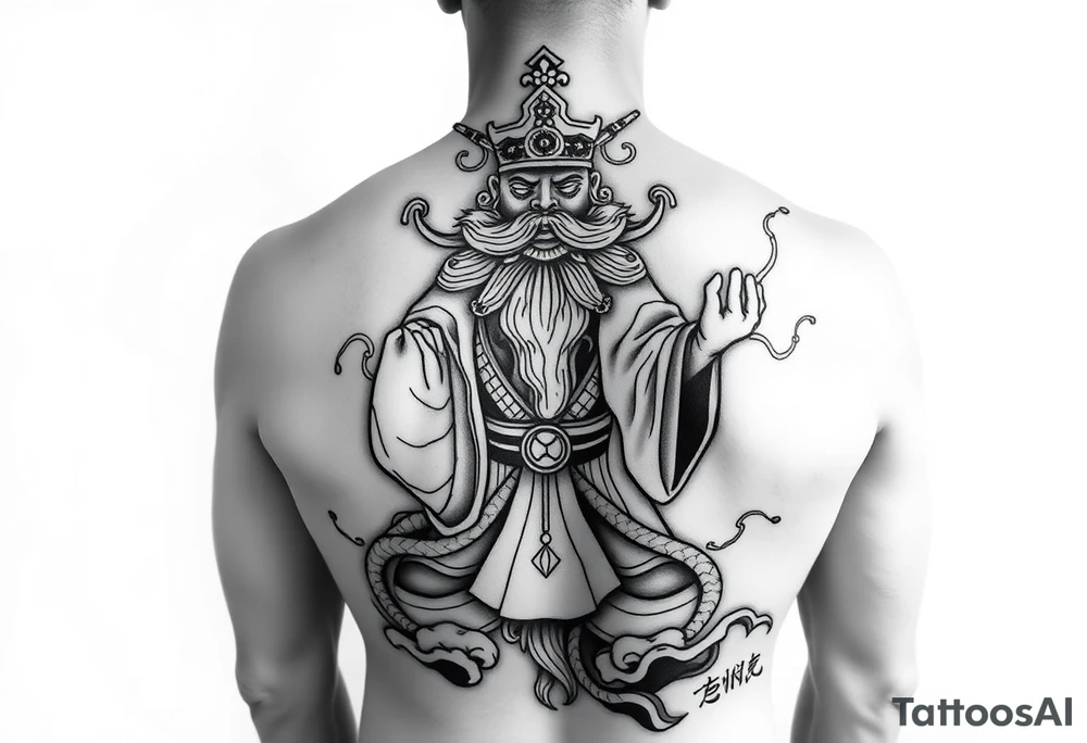 I want to design a design from the back to the back thighs of an adult. The theme is the Chinese Emperor Shennong. The style is black and white neo-traditional. The Emperor Shennong is a Chinese god who mainly blesses farmers with a good harvest and a smooth planting. tattoo idea