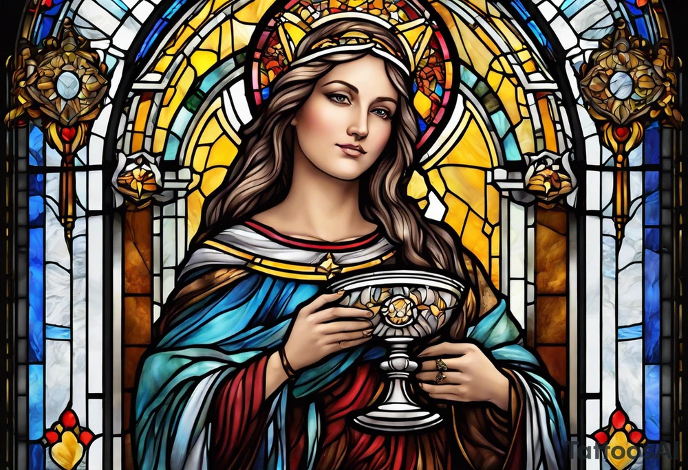 holy saint woman with halo stained glass holding a chalice tattoo idea