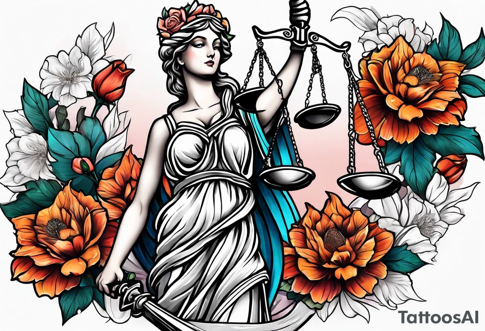 Sleeve with lady justice and flowers tattoo idea