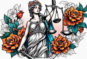 Sleeve with lady justice and flowers tattoo idea