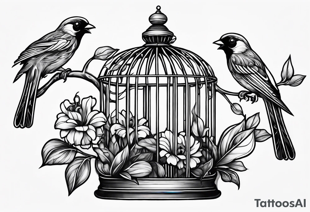 neo traditional foliage on the left top of a bird cage tattoo idea