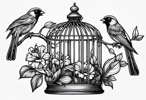 neo traditional foliage on the left top of a bird cage tattoo idea
