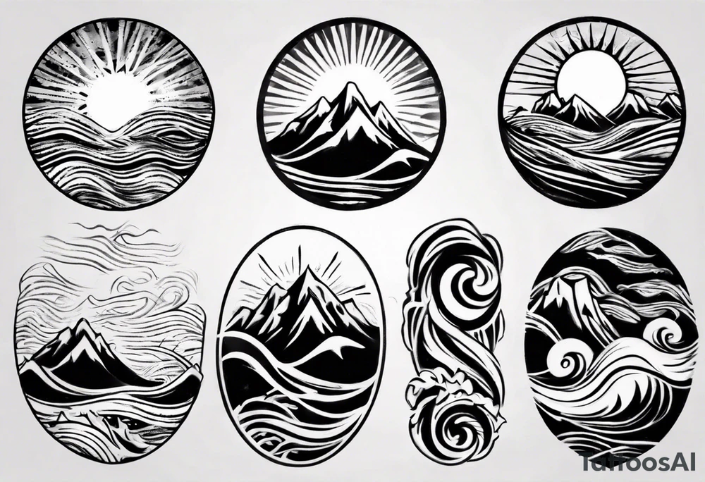 sleeve, mountains, waves, sun tattoo idea