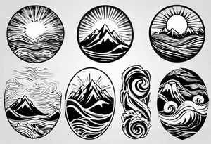 sleeve, mountains, waves, sun tattoo idea