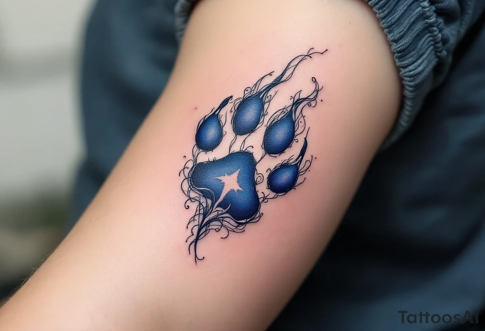 A deep blue and silver Veles’ paw print, surrounded by smoke-like swirls, symbolizing magic, wilderness, and transformation. tattoo idea