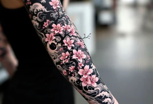 Japanese-Inspired Sakura Sleeve – A full arm sleeve with vibrant pink blossoms, bold black branches, and traditional elements like waves, smoke, and clouds, all done in a classical Irezumi style. tattoo idea