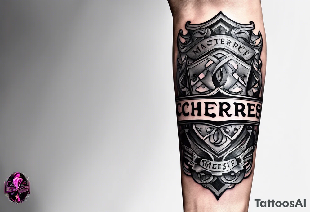 "Cheers Mate" text black and grey ink armband +abstract +grey Cancer Ribbon tattoo idea